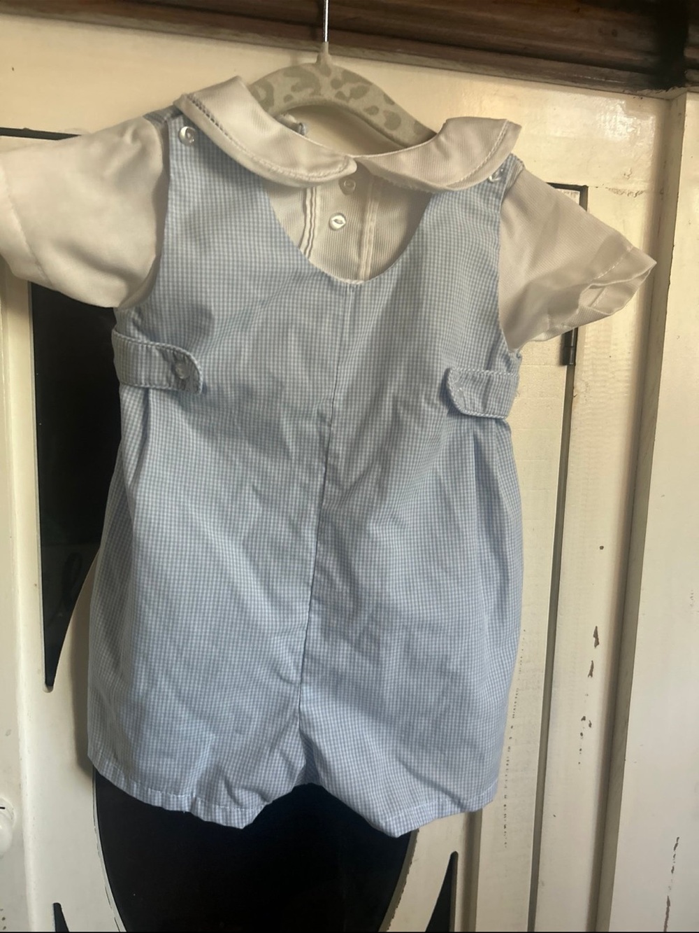 Petit Ami Blue and White Boys Gingham Romper Set